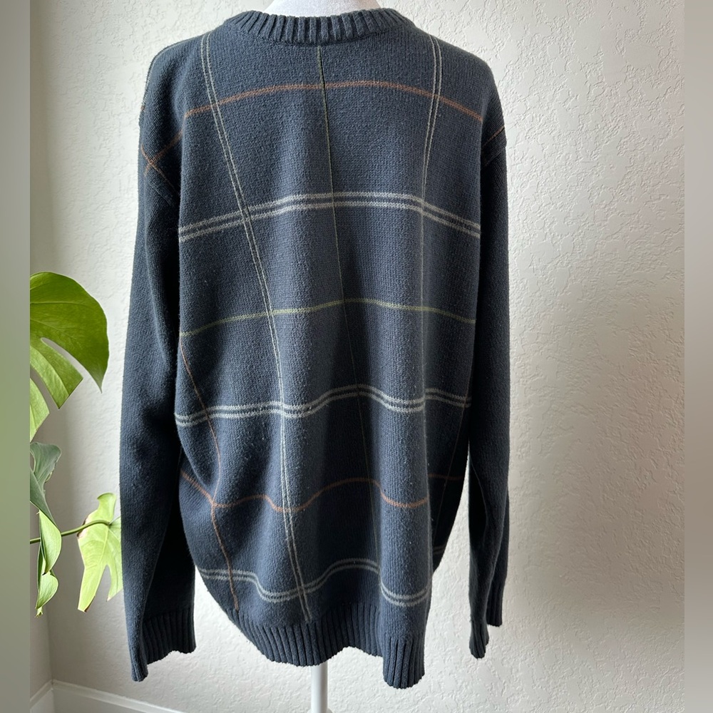 Oscar de la Renta Navy Grey Windowpane Pattern Cotton Crew Neck Dad Sweater L